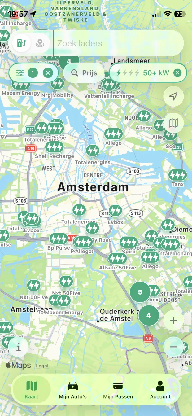 PlugPrice app showing the charging map with the cheapest price nearby