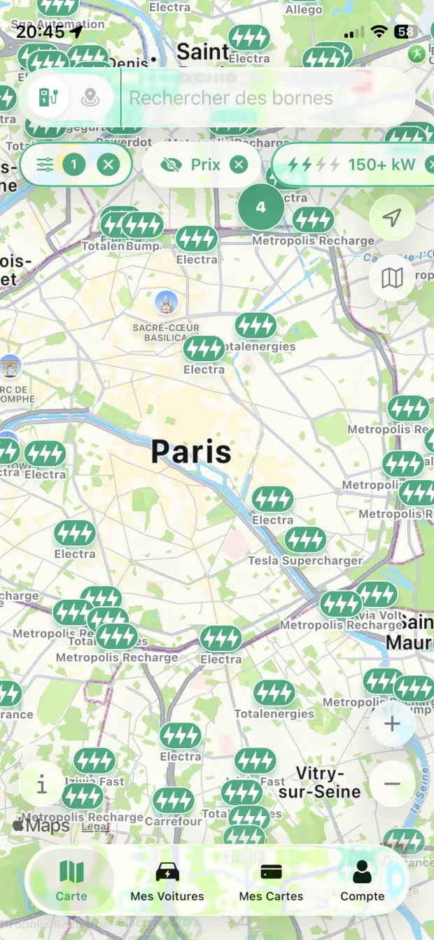 PlugPrice app showing the charging map with the cheapest price nearby