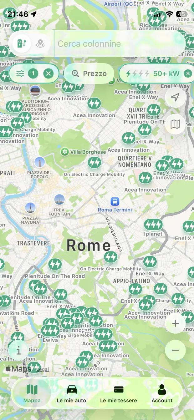 PlugPrice app showing the charging map with the cheapest price nearby