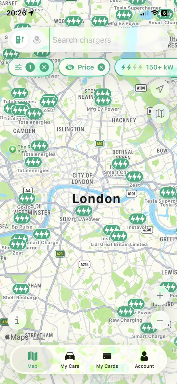 PlugPrice app showing the charging map with the cheapest price nearby