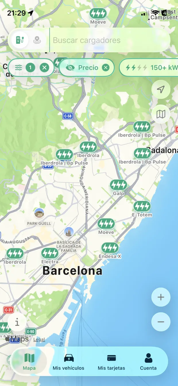 PlugPrice app showing the charging map with the cheapest price nearby