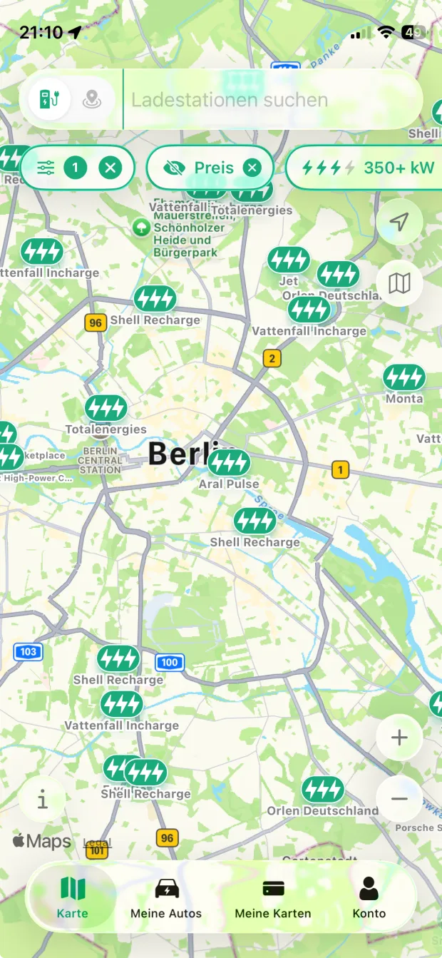 PlugPrice app showing the charging map with the cheapest price nearby