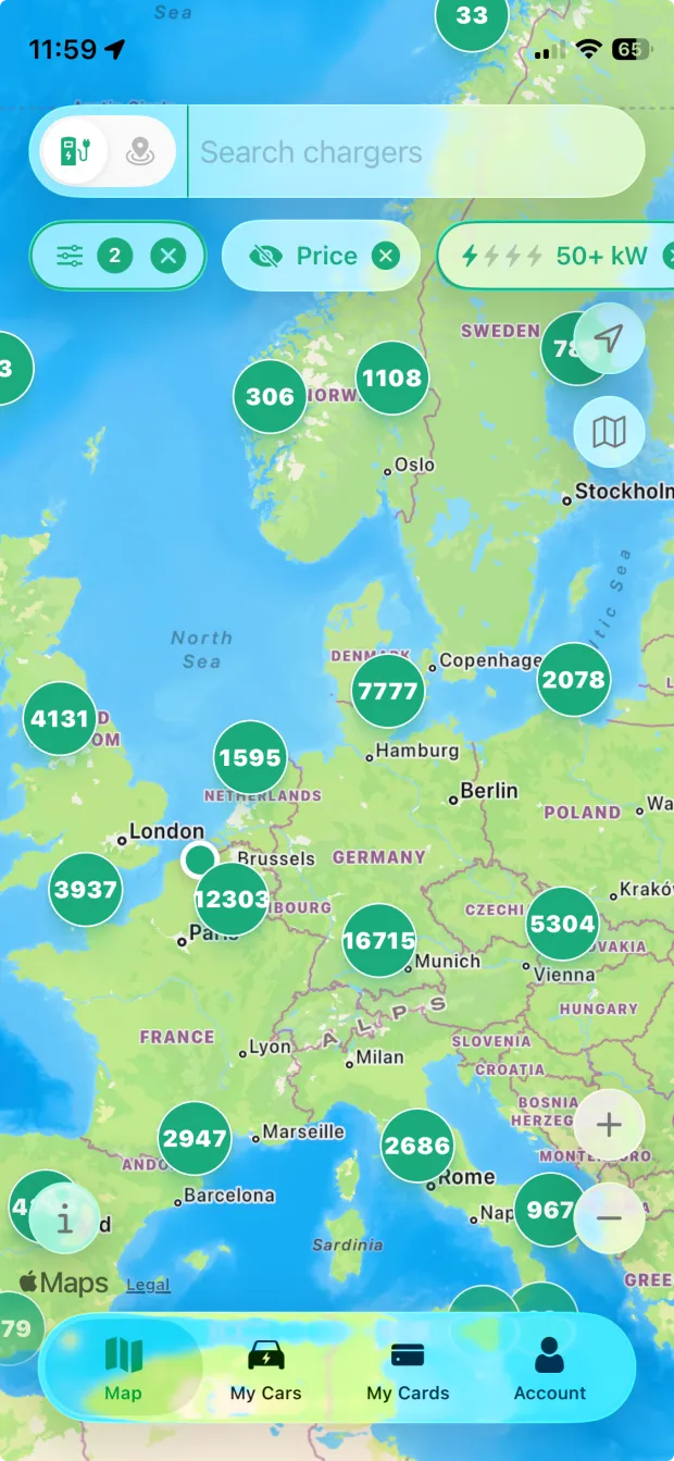 Find charging stations anywhere in Europe PlugPrice screenshot